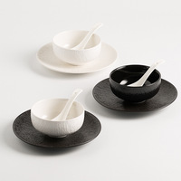 Service de vaisselle en céramique texturée noir et blanc, ensemble bol, soucoupe et cuillère pour riz, desserts, restauration à domicile, fêtes et repas quotidiens