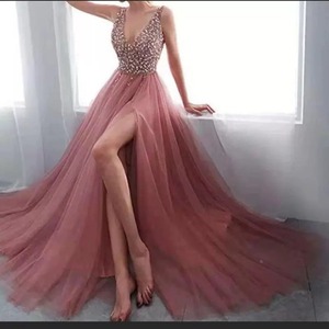 Elegant Pink Long Evening Gown With Sequins Deep V-Neck A-Line Chiffon Slit Empire Waistline - Product Image 3