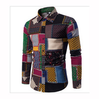 Chemise décontractée pour homme de style ethnique à manches longues, imprimée et patchwork, grande taille, boutonnée, en jersey