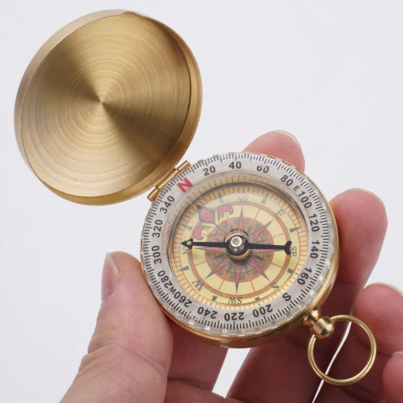 Relógio de bolso tipo concha ponteiro de cobre puro, equipamento multifuncional para viagens, bússola luminosa para montanhismo ao ar livre