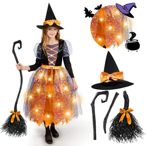 万圣节点亮橙色和紫色女巫服装配帽子和扫帚甜美女巫服装