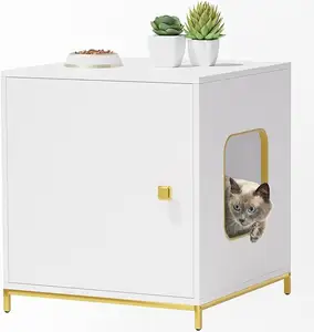 Hiện đại Reversible cat litter box bao vây: Vàng & Trắng Thùng gỗ với Hidden lưu trữ