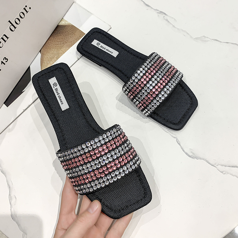 2023 Women Rhinestone Flat Sandals Slippers Square Head Casual Slide Summer Beach Shoes