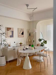 Mesa de comedor blanca crema estilo INS moderna de mediados de siglo, muebles de madera nórdica más fuertes con parte superior de pizarra de doble pata para hoteles - Product Image 5