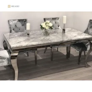 Huaxu Modern Living Room Furniture Stainless Steel Dining Tables And Chairs Set Louis Grey Marble Top Dining Table Set