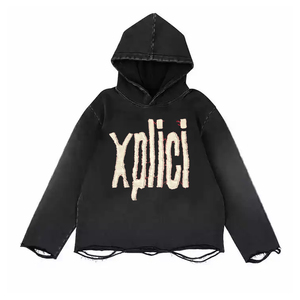 Sweat à capuche court vintage délavé noir, streetwear Y2K, 400 g/m², avec patch brodé et lettres, effet stone wash, ourlet brut - Product Image 1