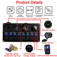 Panel de Interruptores Basculantes de 8 Canales para Coche, 12V/24V CC, Encendido/Apagado, con Material ABS/Aleación/Cobre, 720W de Potencia Máxima, Negro, 60A, Todoterreno
