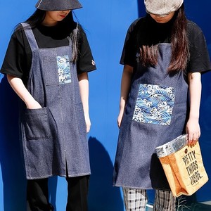 Denim Apron With Wave Print For Coffee Tea Shops Home Kitchen Use Stain Resistant Durable Cover Up - Product Image 1