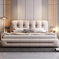 Lit double/grand lit moderne et minimaliste en cuir, avec rangement haut réglable, style crème, pour chambre principale, design italien minimaliste