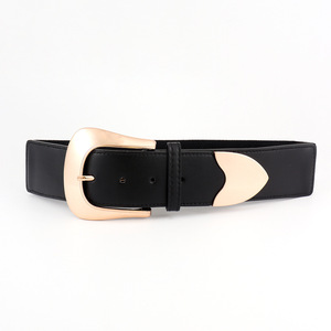Vente d'usine <span class=keywords><strong>Ceinture</strong></span> élastique en cuir PU pour femmes Couleur noire avec grande <span class=keywords><strong>boucle</strong></span> en alliage d'or Motifs en relief Prix bon marché - Product Image 6