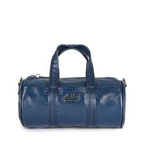 Mini sac fourre-tout rond bleu marine scintillant fabriqué en Corée avec fermeture à bouton-pression, poignée et bandoulière amovible pour un transport facile - Product Image 5