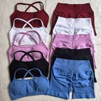 Ensembles de vêtements de sport pour femmes avec logo personnalisé sans couture, soutien-gorge dos croisé de haute qualité, shorts froncés à dos en V, leggings, tenues de yoga et de sport