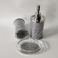 Juego de Baño de Tres Piezas de Cristal DIY con Dispensador de Jabón de Manos Tipo Push, Jabonera con Incrustaciones de Diamantes y Forma Geométrica