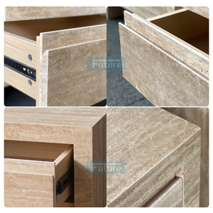 Table de chevet Wabi-sabi à socle bas en pierre de travertin beige naturel pour appartement, villa, hôtel, chambre à coucher, avec tiroirs - Product Image 2