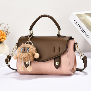 Bolso de Mano Tipo Satchel para Mujer, con Bloques de Color, Adorno de Pompón, Correa Extraíble, Cierre de Solapa Clásico, para Uso Diario - Product Image 5