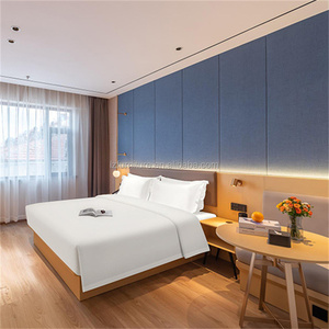 Inexpensive Modern Minimalist Hotel Twin Room Furniture Set Two Single Wooden Bed Frame With Integrated Nightstand & Headboard - Product Image 5