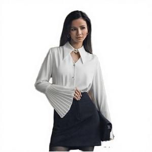 Blusa de Gasa Blanca para Mujer con Manga Trompeta, Puños Plisados, Cuello Camisero, Botones, Elegante, para Oficina, Corte Regular - Product Image 3