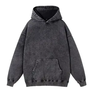 Heavy Pure Cotton Men's Tee Washed Old Sweater Hooded Collar Fashion Brand Casual Retro Stonewashed Fried Print Pattern Knitted