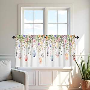 Cortina corta con bolsillos para tirantes, diseño floral de primavera y huevo de Pascua, estilo rústico y cafetería, para ventana, baño, decoración festiva, personalizable - Product Image 2