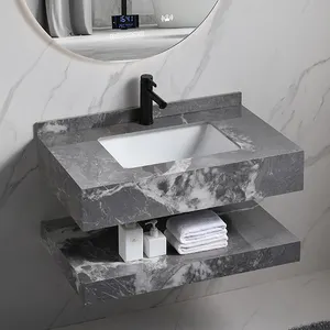 Luxury Marble Floating Bathroom Vanity European Grey Washroom Wall Mounted Cabinet And Sink