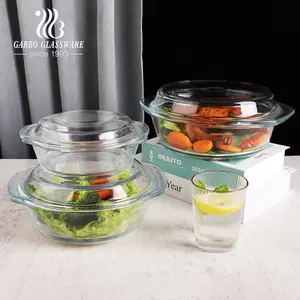 hotel home use microwave safe 1L clear round borosilicate glass casserole set lead free crystal glass serving bowl with lid