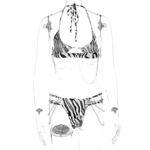 Bikini de dos piezas con estampado de cebra y leopardo, traje de baño de dos piezas con diseño de cadena y cuello Halter