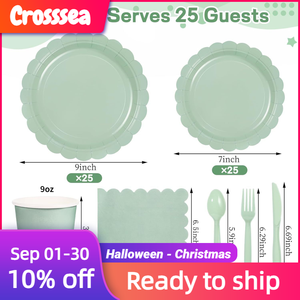 Sage Green Lace Wave Shaped Paper Tableware Set Kids Birthday Party Plates Cups Hot Selling for Valentine's Day <strong>Easter</strong> <strong>Decoratio</strong> - Product Image 3