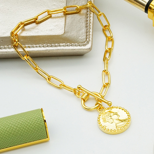 Exquisita Pulsera de Eslabones Tipo Clip con Moneda de Retrato en Oro Sólido de 9K/14K/18K, Cadena Elegante con Medallón para Joyería de Lujo Diaria - Product Image 6