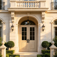 Porte d'entrée double battante de luxe en bois grainé et verre trempé à grille pour villa