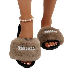 Nouveau commerce extérieur strass fourrure pantoufles plates pour femmes intérieur perlé paresseux chaud coton pantoufles <span class=keywords><strong>Amazon</strong></span> - Product Image 5