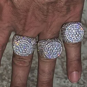 新款精品嘻哈珠宝奢华耀眼酷925纯银冰镇铺装VVS莫桑石钻石男士派对戒指