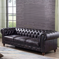 Canapé Chesterfield vintage en cuir véritable noir 3 places, canapé de luxe européen avec pieds en bois pour le salon