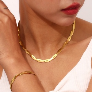 Tarnish Free Jewelry Twisted Snake Chain <b>Choker</b> Necklace PVD Gold Plated Stainless Steel Flat Blade Snacke Chain - Product Image 5