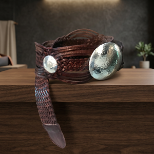 Ceintures tressées en cuir véritable avec conchos argentés, style classique, unisexe, marron, noir, design tissé - Product Image 1