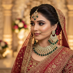 Bridal Ethnic Chandelier Drop Earrings Claw Setting Pearl Chain Matching Maang Tikka Alloy Gold Plated Vintage Traditional - Product Image 3