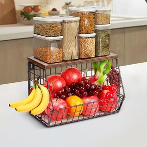 Metal Countertop Storage Rack Rectangle Black <b>Large</b> Capacity Fruit <b>Basket</b> Kitchen Living Room Storage - Product Image 1