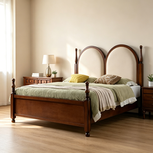 Traditional Queen Size Upholstered Bed Frame with Fabric Headboard and Wooden Posts - Product Image 3