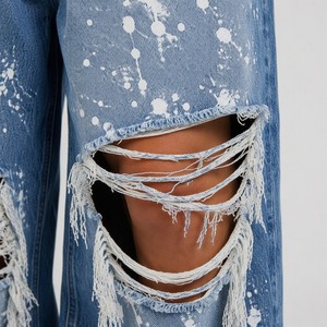 XUCHANG Jeans de mezclilla de algodón holgados y apilados para <span class=keywords><strong>mujer</strong></span>, de alta calidad, estilo streetwear vintage Y2K, con efecto desgastado, <span class=keywords><strong>rotos</strong></span>, estampados y de diseñador - Product Image 5