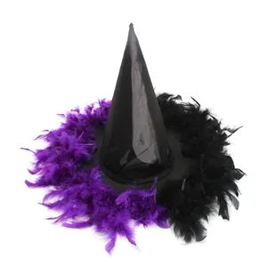 Topi penyihir bulu pesta Halloween gaya baru aksesori kostum topi penyihir bulu Hitam dan Ungu