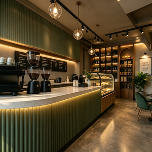 Café chaleureux avec comptoir vert côtelé, vitrine à pâtisseries, éclairage sur rail et plantes luxuriantes. - Product Image 5