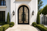 Porte d'entrée double en fer forgé cintrée LINCAI avec panneaux de verre à motifs pour villas et manoirs de luxe