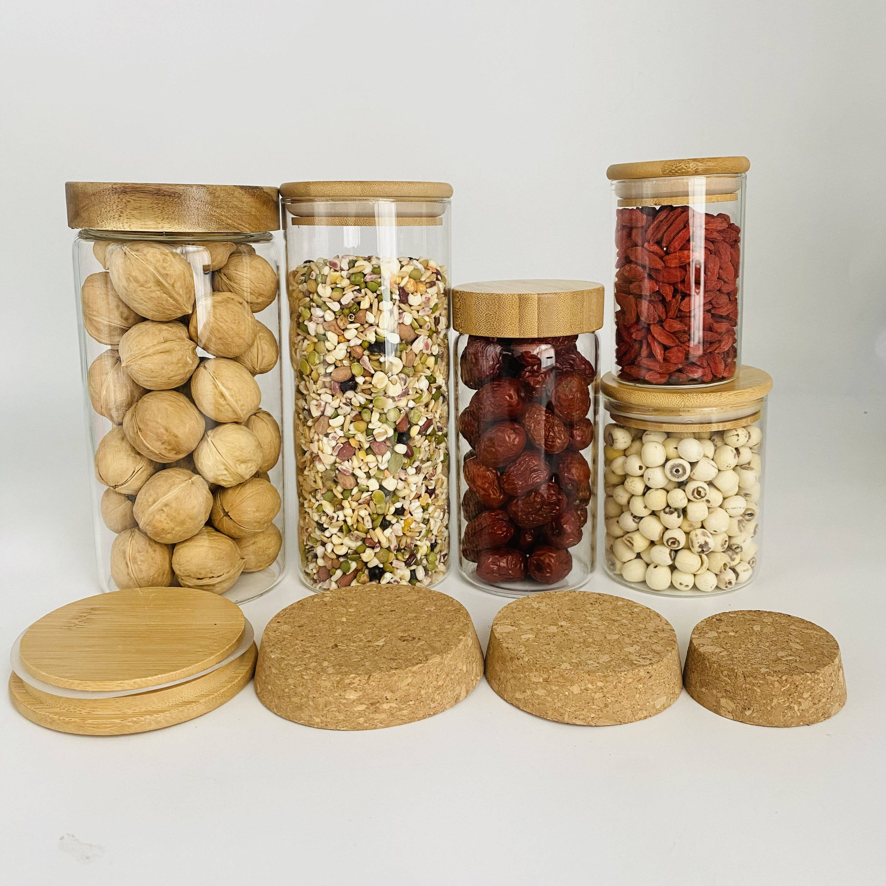 Cylinder Sealed Air Tight Kitchen Glass Spice Jar Container With Bamboo Lid Round Glass Storage Tank