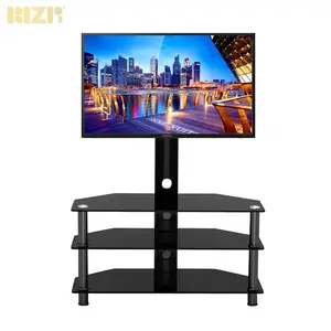 High End Zwart Glas Top Moderne Woonkamer Meubels Vloer Tv Stand Met Tv Beugel Voor 32 ~ 55 "lcd/Led Tv Tafel