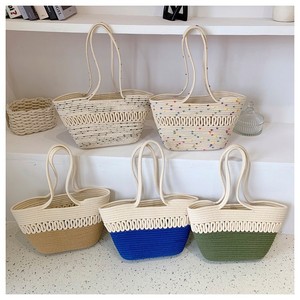 Sac fourre-tout en coton et lin pour femmes, sac à bandoulière de couleur unie avec coutures tressées, pour un usage quotidien, printemps 2023 - Product Image 2