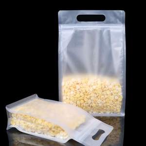 Feuchtigkeit beständiger transparenter Kunststoff-Beutel mit flachem quadratischem Boden Reiß verschluss Lebensmittel verpackungs tasche mit Griff Lieferanten fabrik - Product Image 1