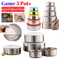 Game 5 Récipient de stockage d'aliments en acier inoxydable avec couvercle Outdoor Camping Picnic Lunch Box Kitchen Fridge Applicable