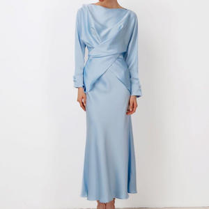 Enyami Fashion Dames 2-delige satijnen lange elegante dames Abaya Dubai O-hals lange mouwen maxi rok set - Product Image 1