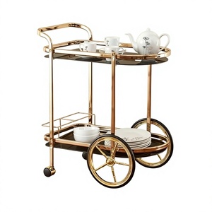 Gold <b>Bar</b> <b>Cart</b> With Wheels Double Tier Storage Holder Classic Style Metal Utility <b>Cart</b> For Living Room Tableware - Product Image 6