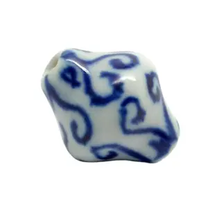 Wholesale 15mm customized designs hand painted bicone shape beads blue and white heart design porcelain beads for jewelry making