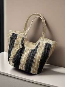 Sac fourre-tout tissé deux tons fait à la main avec poignée supérieure grande capacité de glands - Product Image 5